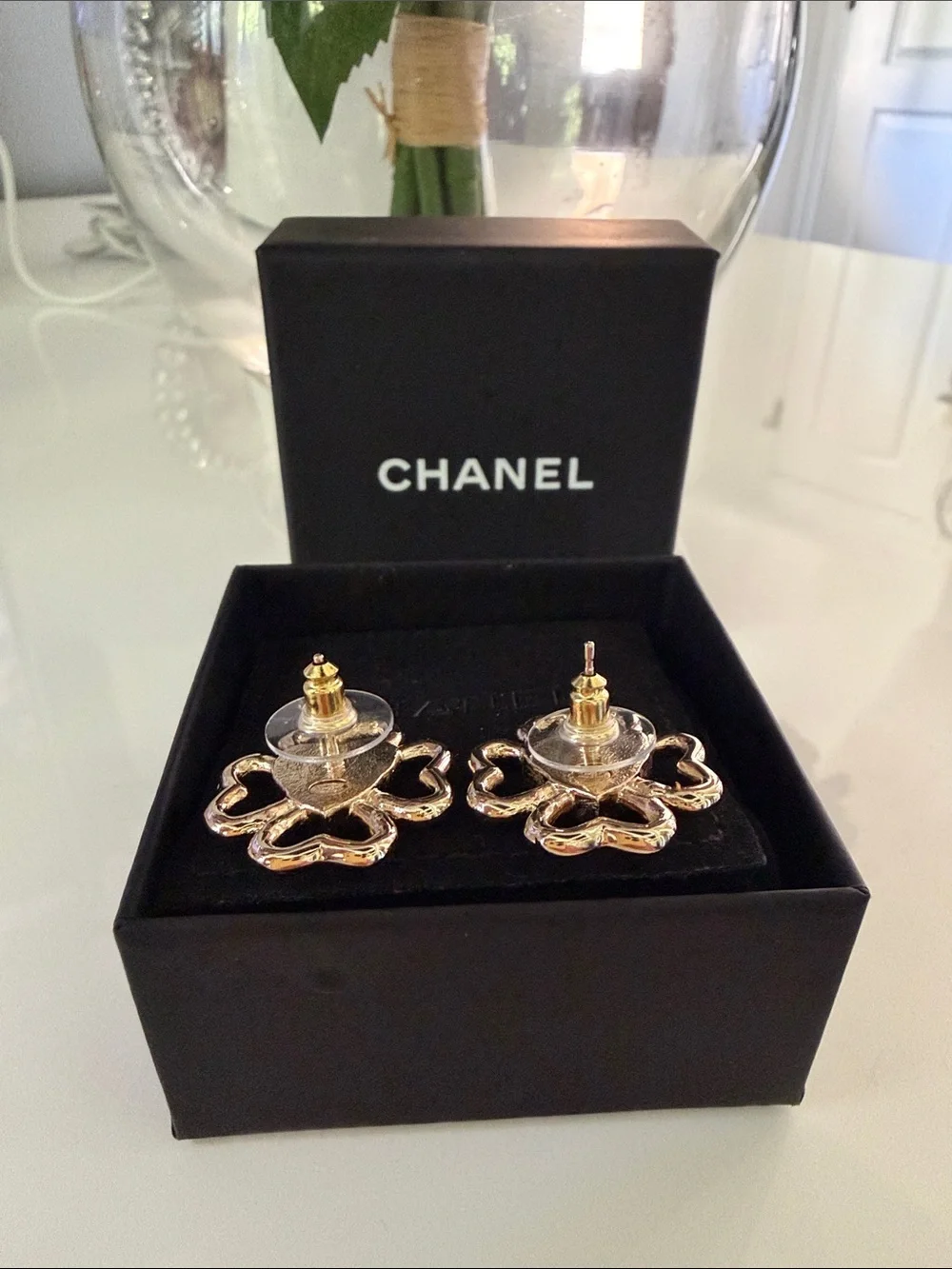 CHANEL Gold and Cream Heart Clover Earrings with CC Logo
